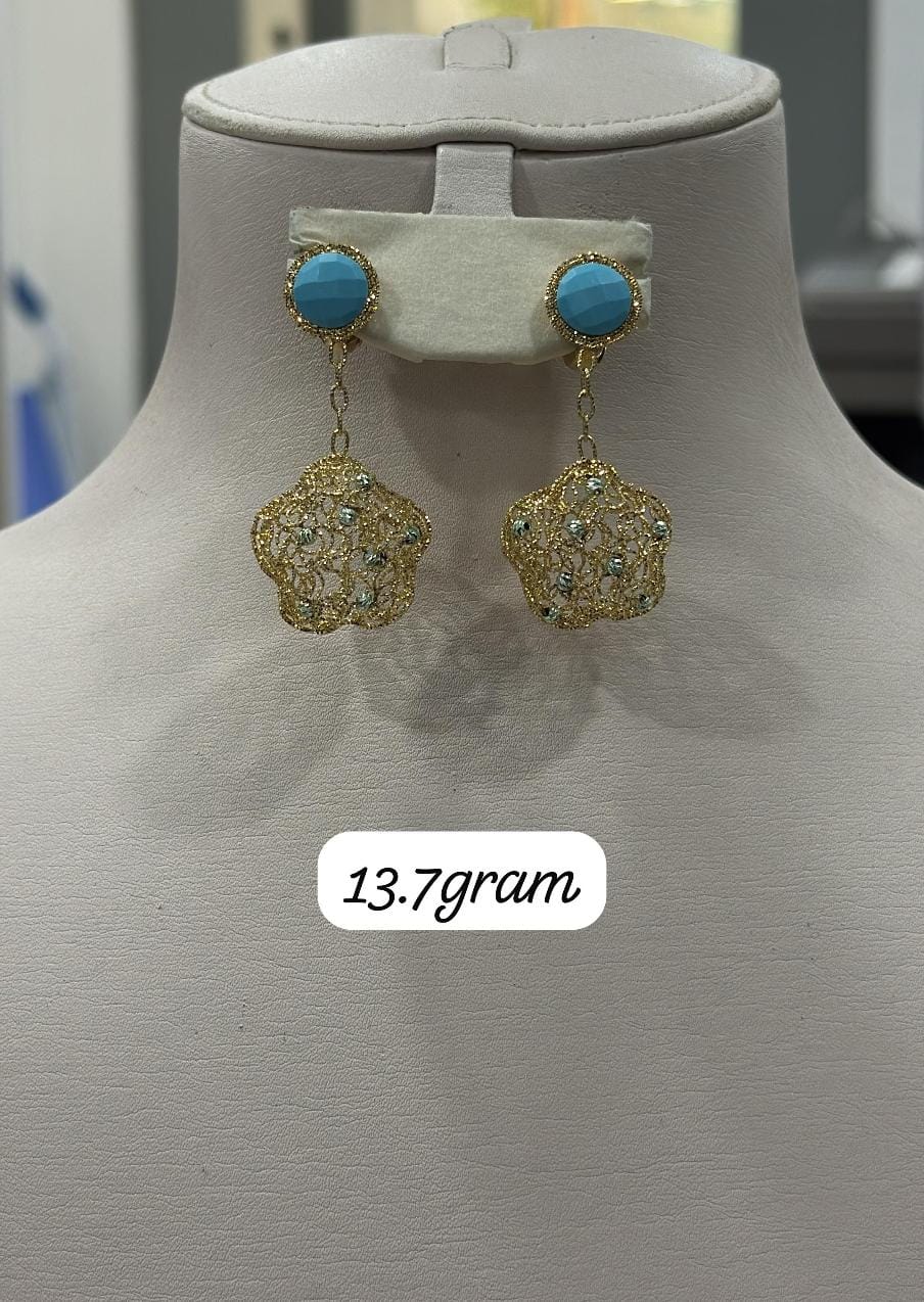 18K Gold Filigree Drop Earrings with Turquoise Studs (13.7g)