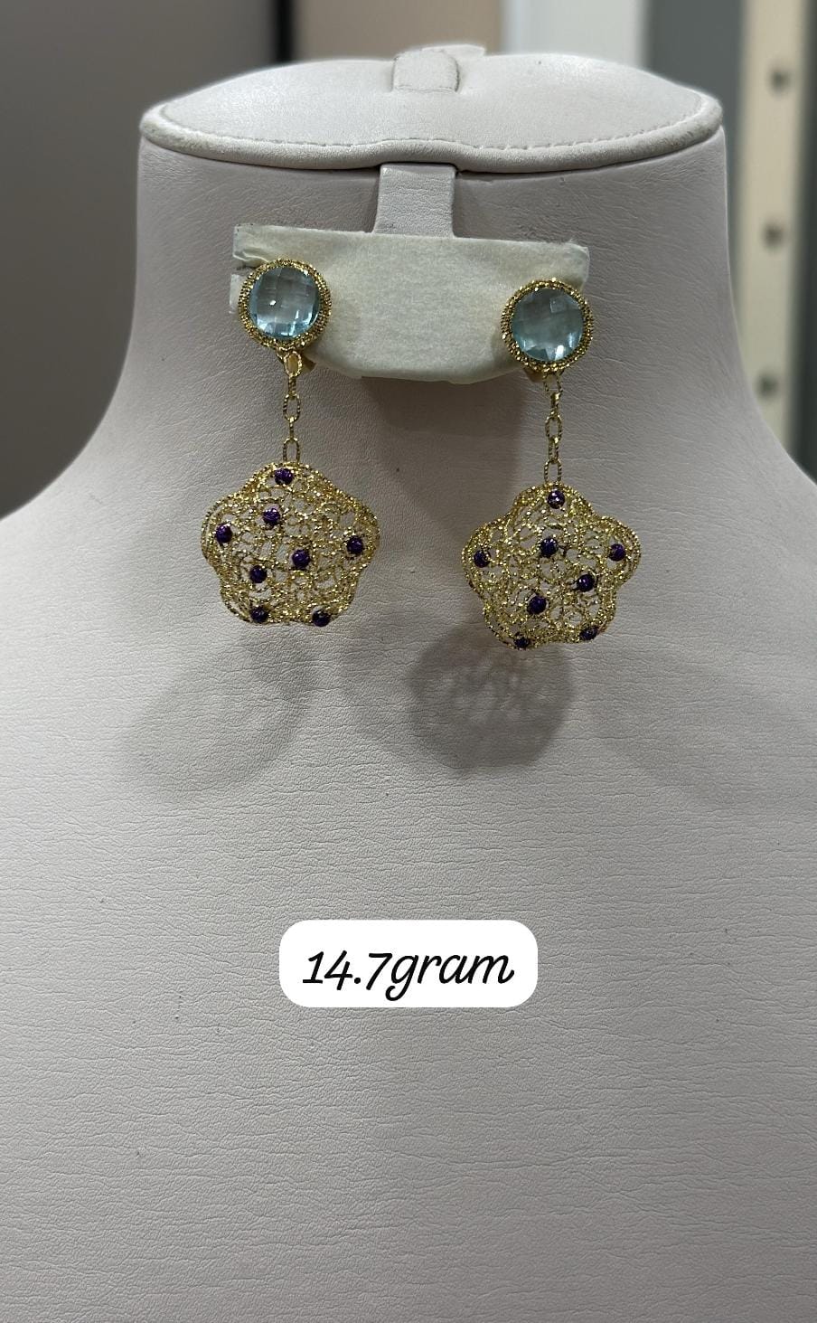 18K Gold Filigree Drop Earrings with Aqua-Blue Studs & Purple Accents (14.7g)
