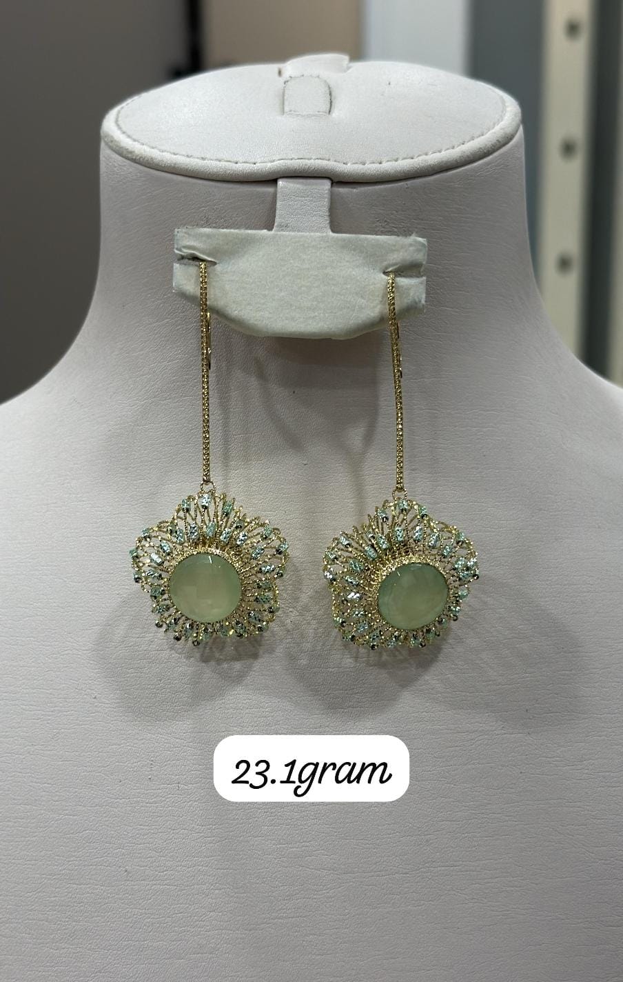 18K Gold Long Drop Earrings with Green Gemstone Center & Filigree Accents (23.1g)