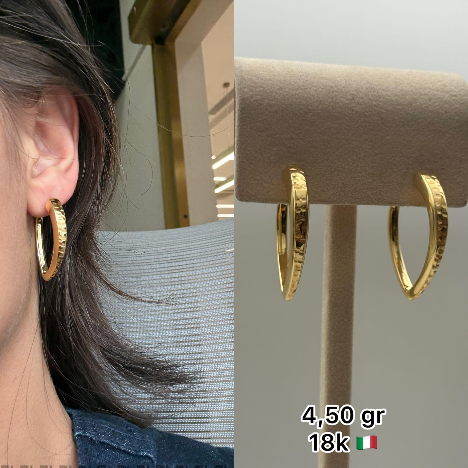 18K Italian Gold Hammered Hoop Earrings (4.50g)