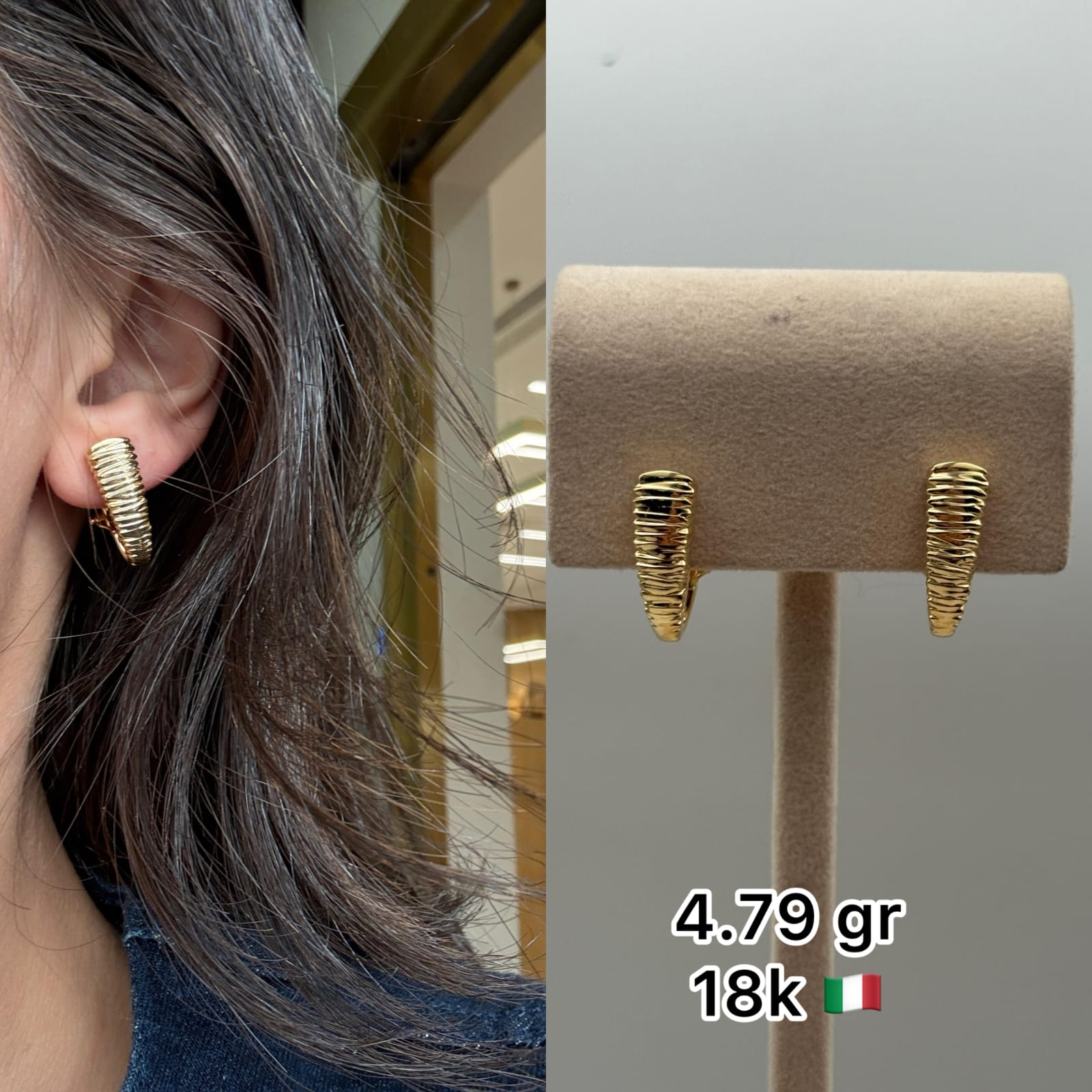 18K Italian Gold Hammered Hoop Earrings (5.71g)