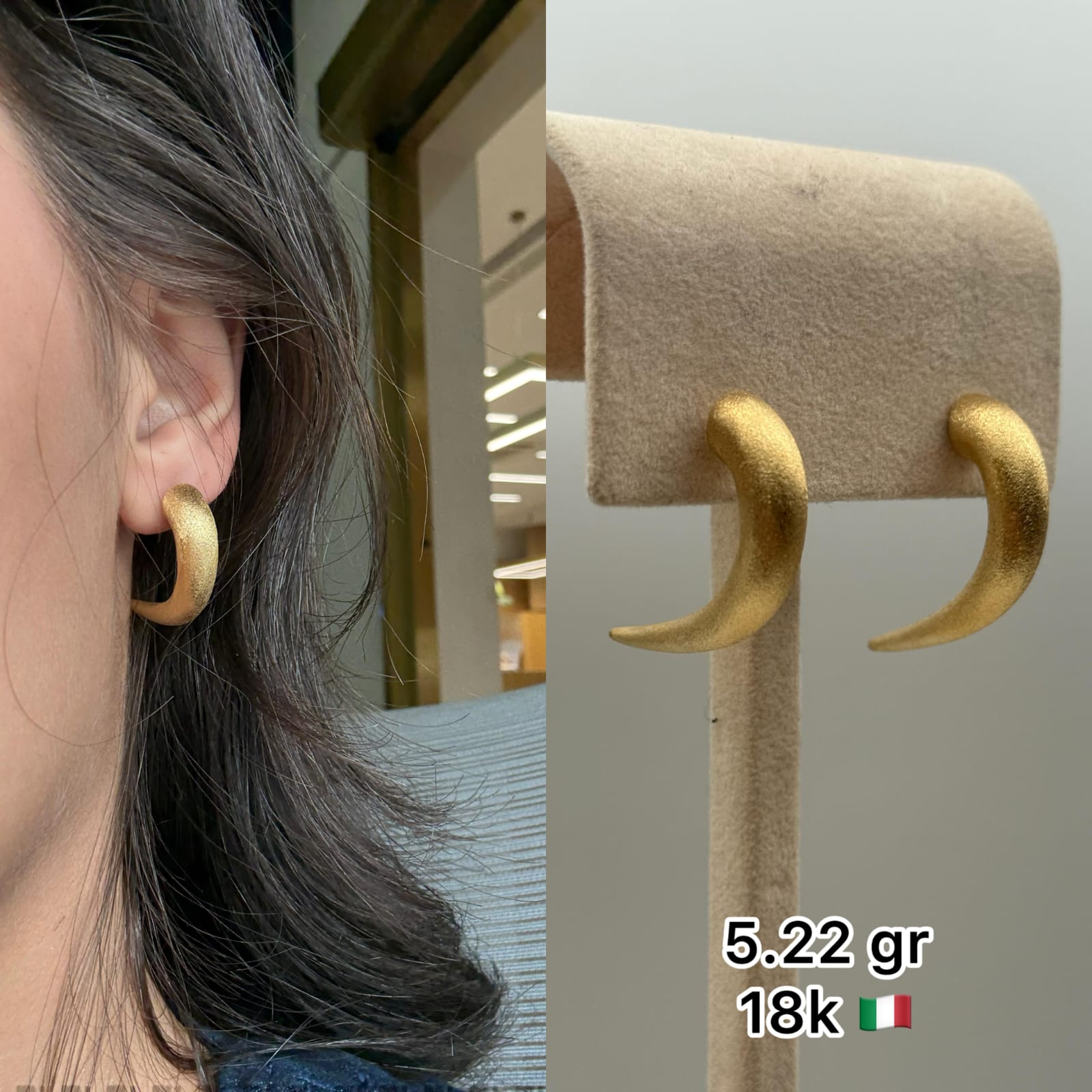 18K Italian Gold Matte Curved Hoop Earrings (5.22g)