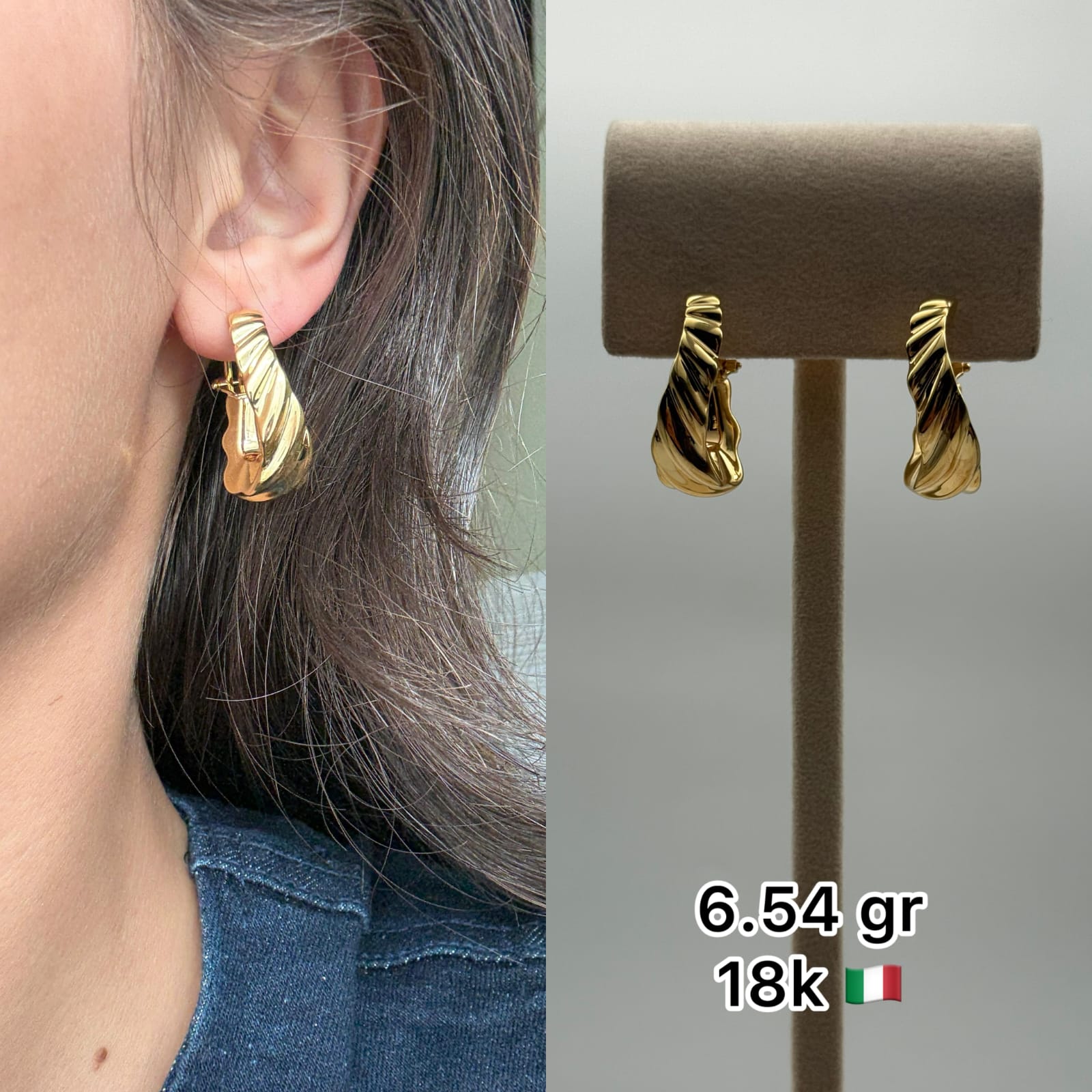 18K Italian Gold Textured Wave Hoop Earrings (6.54g)