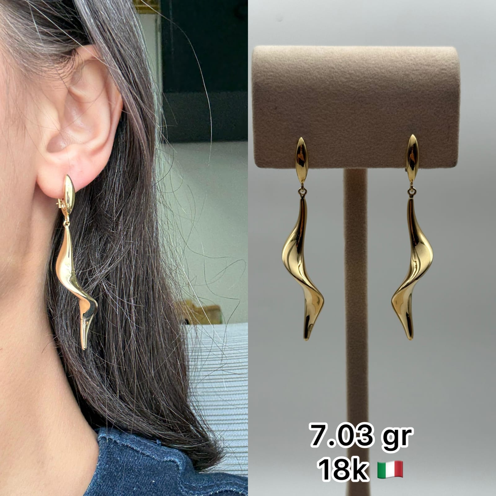 18K Italian Gold Long Wave Drop Earrings (7.03g)